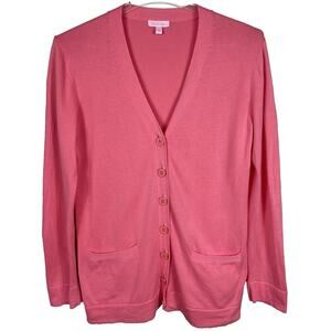 Lilly Pulitzer Cardigan Sweater Size L Salmon Pink Long Line Pockets Tropical